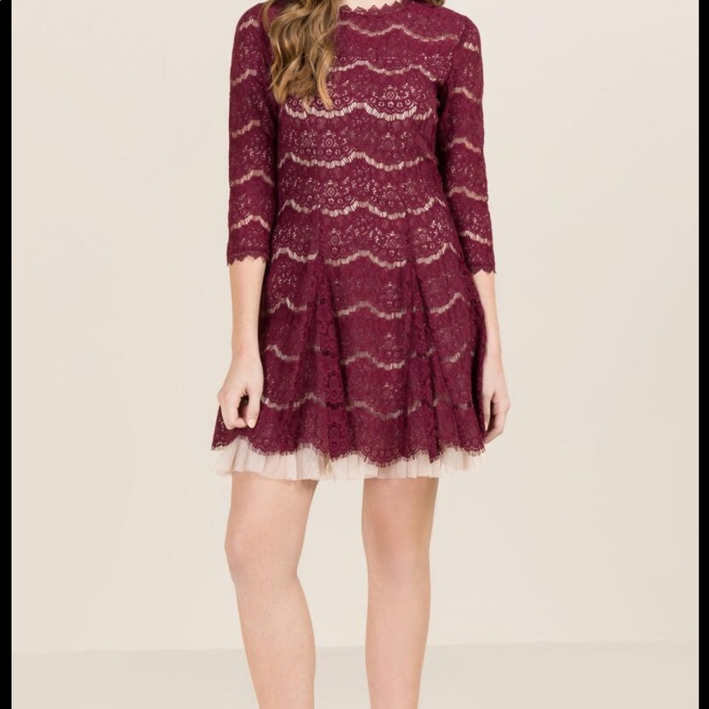 Hi-neck a-line lace dress with tulle underlay